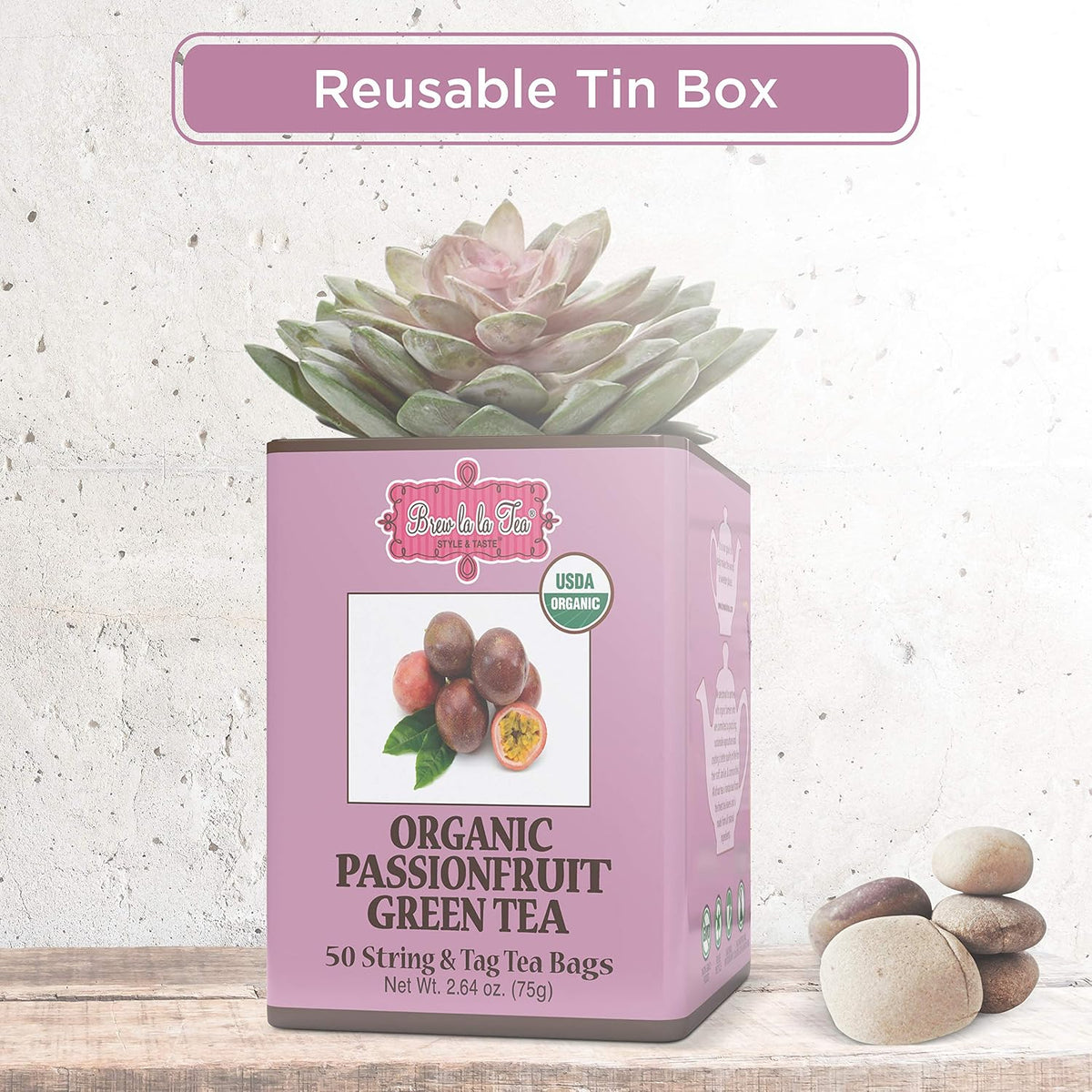 Brew La La Organic Green Tea - Passionfruit Flavor - 50 Tea Bag Tin - Low Caffeine - USDA Certified Organic