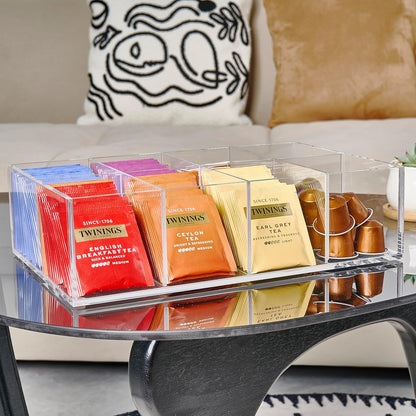 Heavy-Duty Acrylic Tea Bag Organizer, 8-Compartment Storage Box | Perfect Organizer: 8-compartment design keeps tea bags and coffee pods neatly sorted, saving space on your countertop.