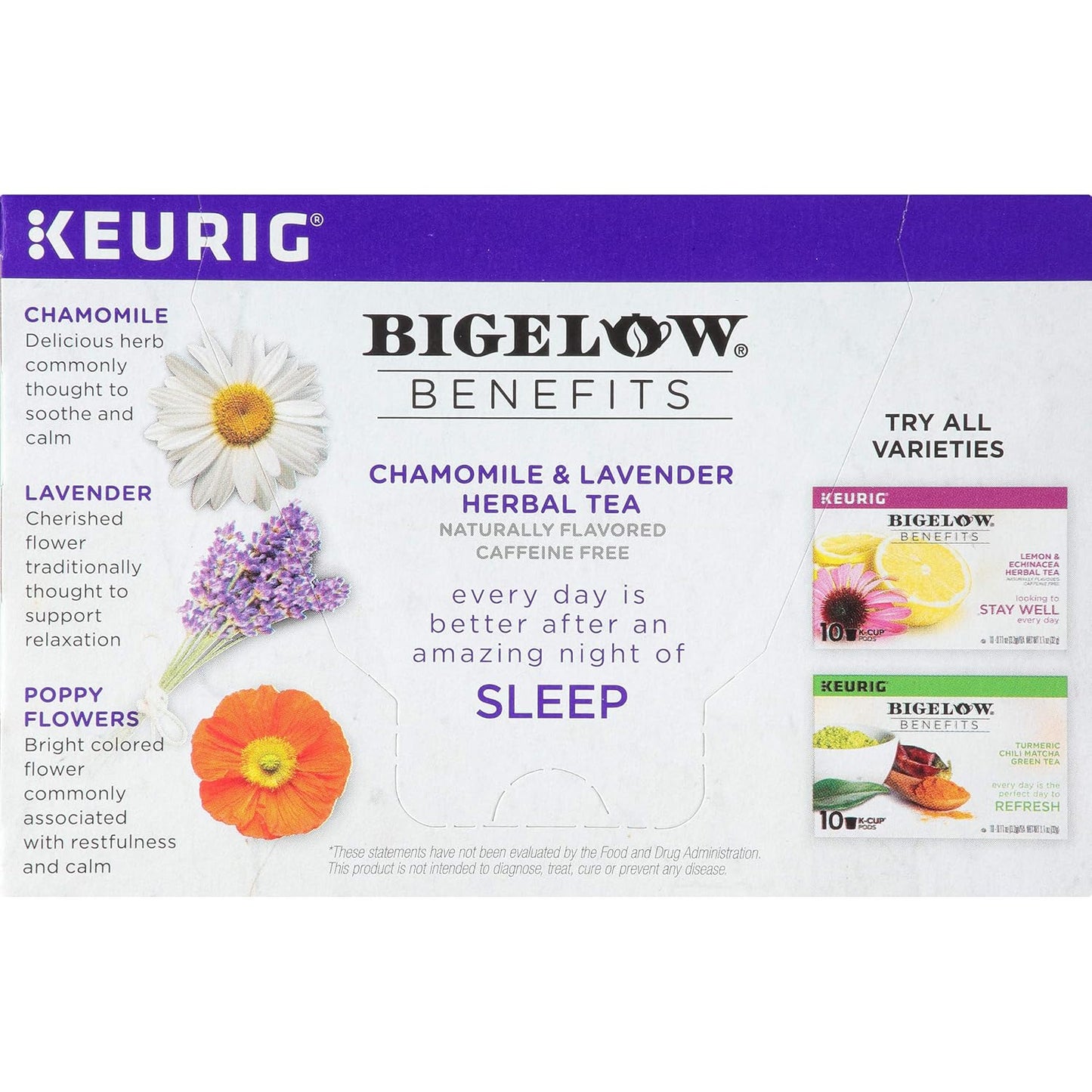 Bigelow Tea Benefits, Sleep Chamomile and Lavender Herbal Tea Keurig K-Cup Pods, Box of 10, Caffeine Free