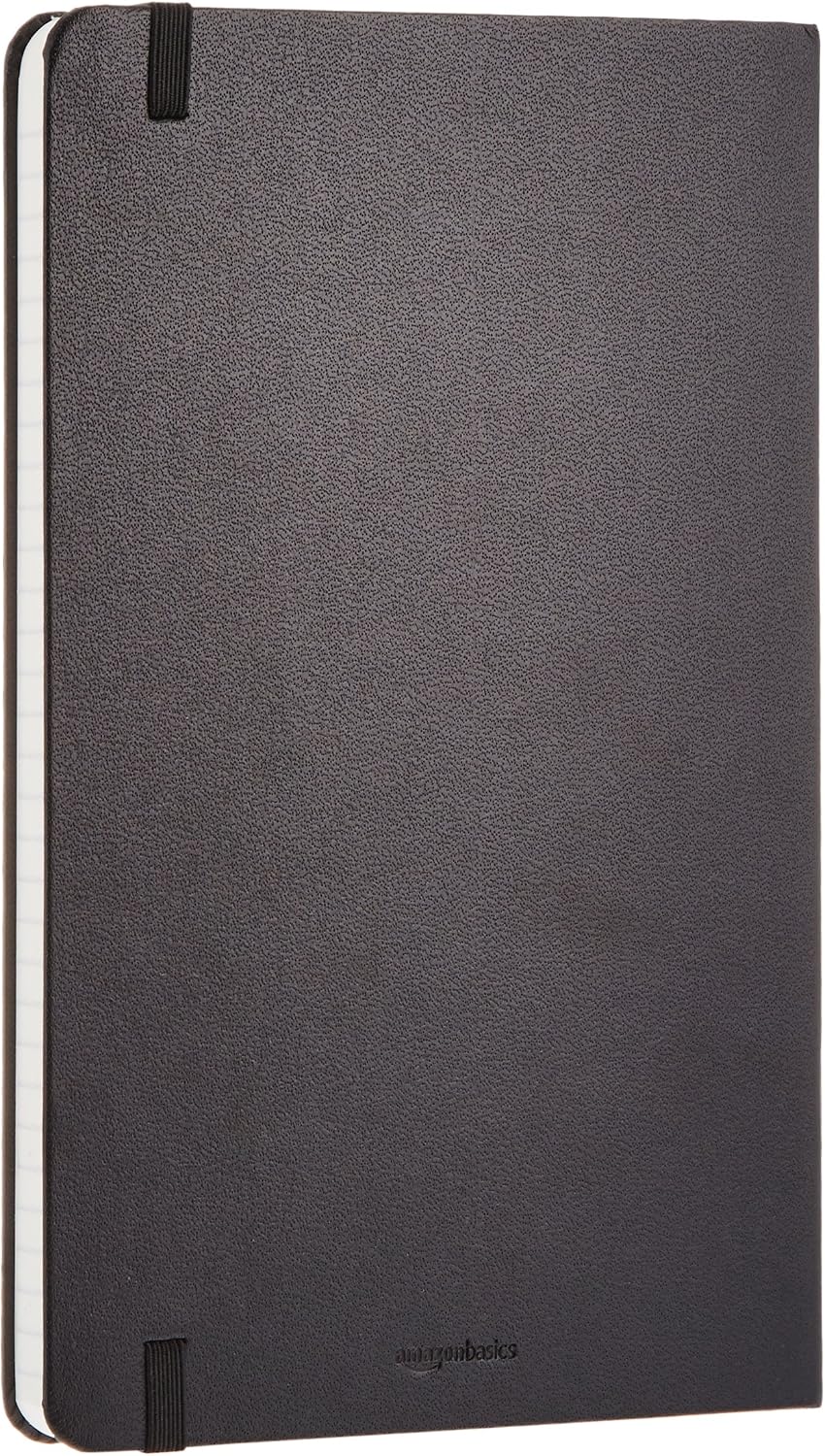 Amazon Basics Classic Lined Writing Notebook for Note Taking and Journaling, Hardcover with Elastic Closure, 240 Pages, 5" x 8.25", Black