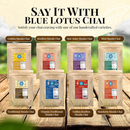 Blue Lotus Chai - Golden Masala Flavor Chai - Makes 100 Cups - 3 Ounce Masala Spiced Chai Powder with Organic Spices - Instant Indian Tea No Steeping - No Gluten