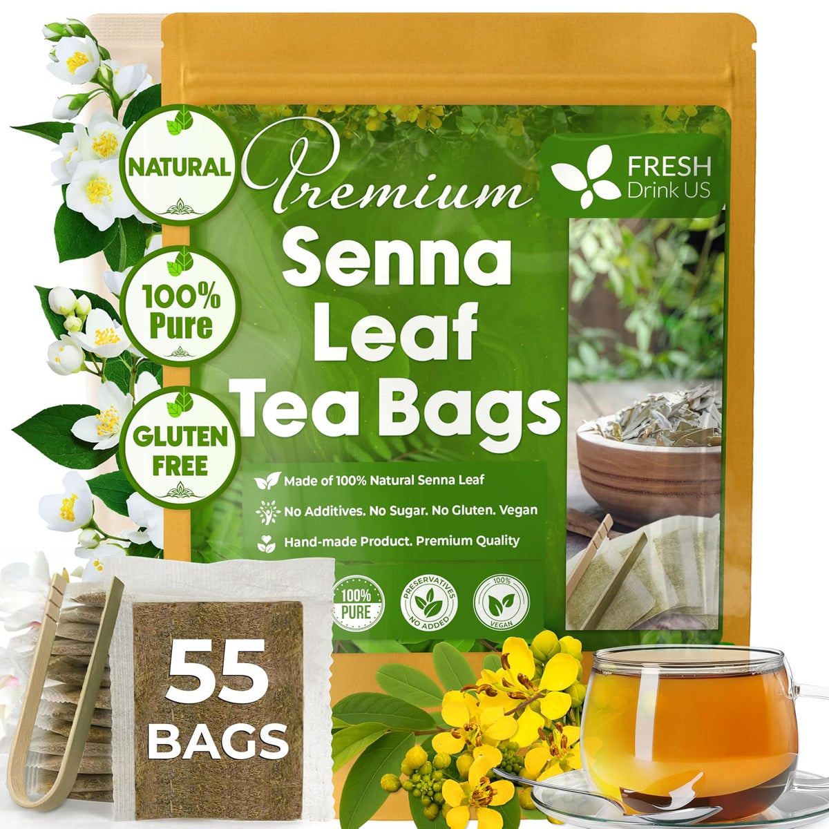 FreshDrinkUS, Premium Senna Leaf Tea Bag, 55 Count, Pure, Caffeine Free