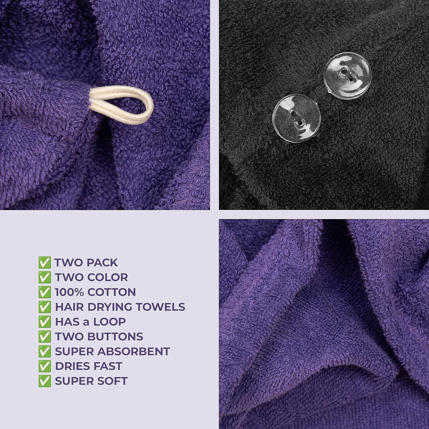American Soft Linen 100% Cotton Hair Towels for Women, Head Towel Cap, Cotton Hair Turban Towel Wrap for Long Curly Anti Frizz Hair, Soft and Absorbent Cotton Hair Towels 2 Pack, White