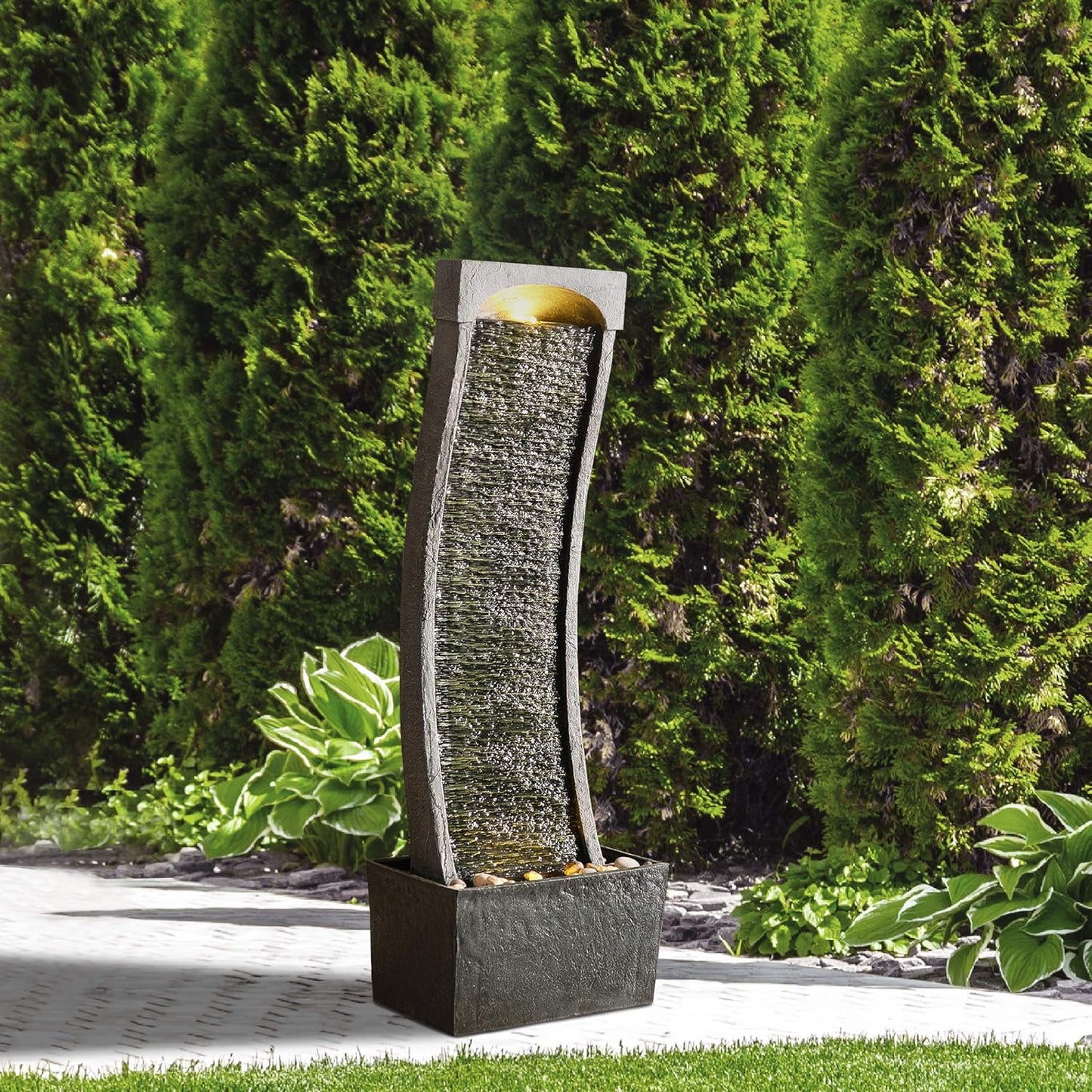 Teamson Home 38.58 in. Modern Curved Faux Slate Waterfall Fountain for Indoors or Outdoors with LED Light Accents and 1.98-Gallon Pump, Black and Stone Gray | Freestanding Floor Garden Waterfall, LED Lights, Weatherproof Polyresin, For Patio & Yard