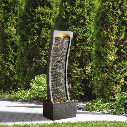 Teamson Home 38.58 in. Modern Curved Faux Slate Waterfall Fountain for Indoors or Outdoors with LED Light Accents and 1.98-Gallon Pump, Black and Stone Gray | Freestanding Floor Garden Waterfall, LED Lights, Weatherproof Polyresin, For Patio & Yard