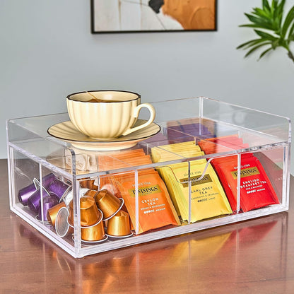 Heavy-Duty Acrylic Tea Bag Organizer, 8-Compartment Storage Box | Perfect Organizer: 8-compartment design keeps tea bags and coffee pods neatly sorted, saving space on your countertop.