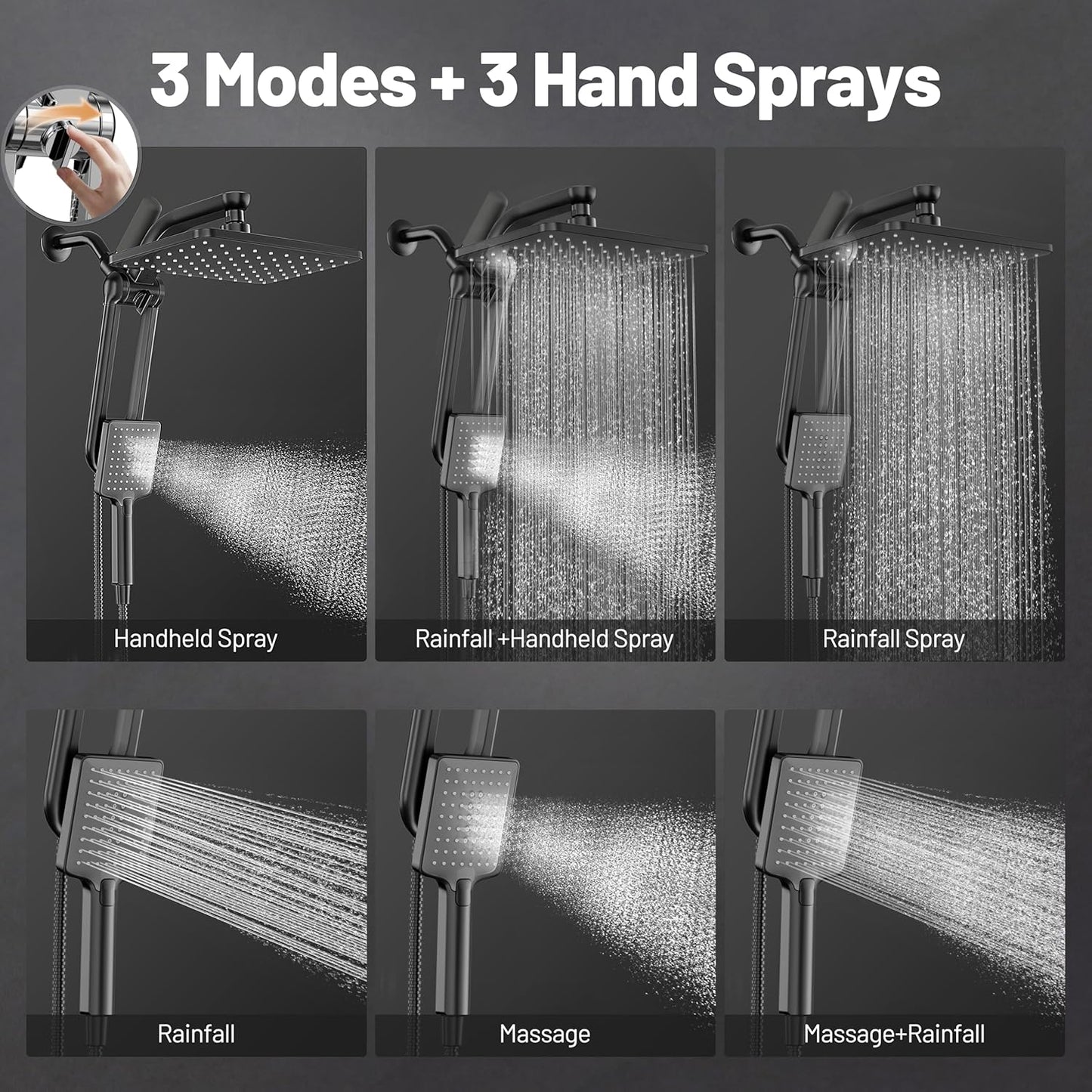 Dual Filtered Rainfall Handheld Shower Head Spray Combo, DAKINGS 7-Mode Shower Head With Handheld Spray Combination, Upgraded 11" High Flow Rain Handheld Spray Combo With Fixed Showerhead, Matte Black