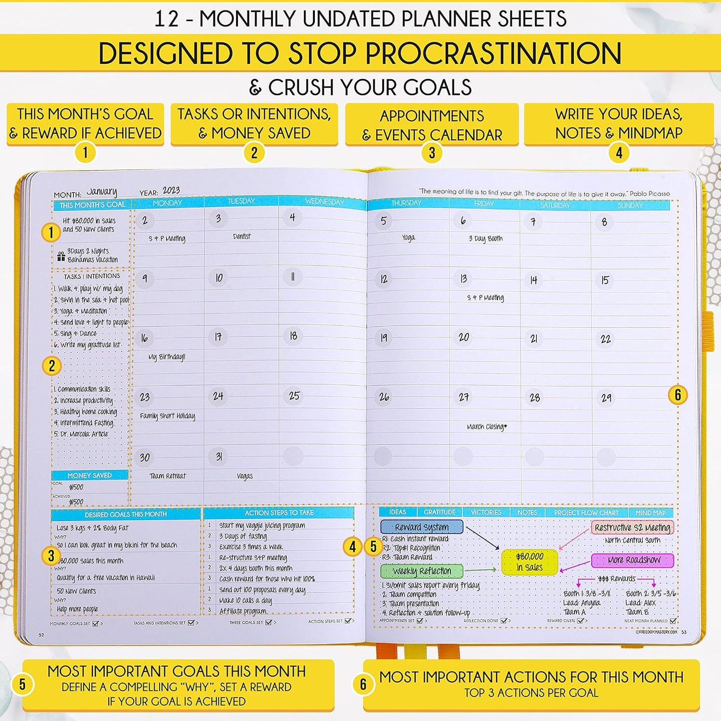 Life Planner - Undated Weekly & Monthly Planner, 12-Month Journey to Increase Productivity | Gratitude Journal, Life Organizer & Goal Journal | Include Foldable Vision Board, Habit Tracker & Stickers