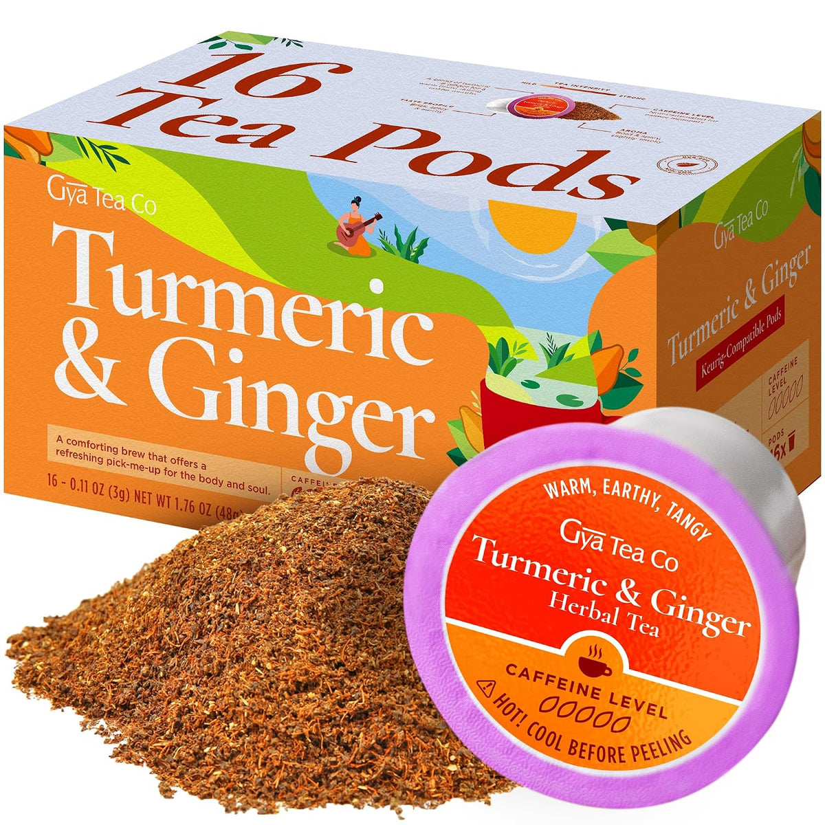 Turmeric Ginger Tea Pod 16 Count - 100% Natural Caffeine Free Herbal Tea