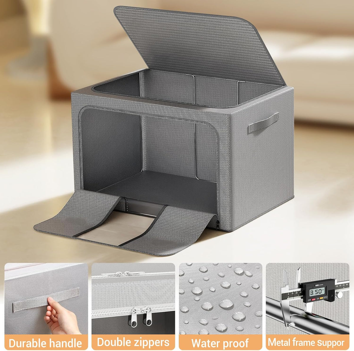 Clothes Storage Bins with Metal Frame Foldable Storage Box Clothes Organizers Storage Containers for Clothes Sheets Blankets Books Toys Gifts and Holiday Decorations (66Lx3 Pack)