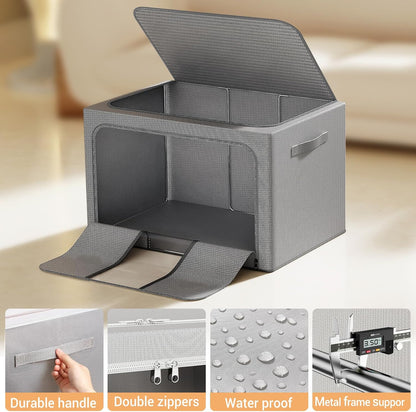 Clothes Storage Bins with Metal Frame Foldable Storage Box Clothes Organizers Storage Containers for Clothes Sheets Blankets Books Toys Gifts and Holiday Decorations (66Lx3 Pack)