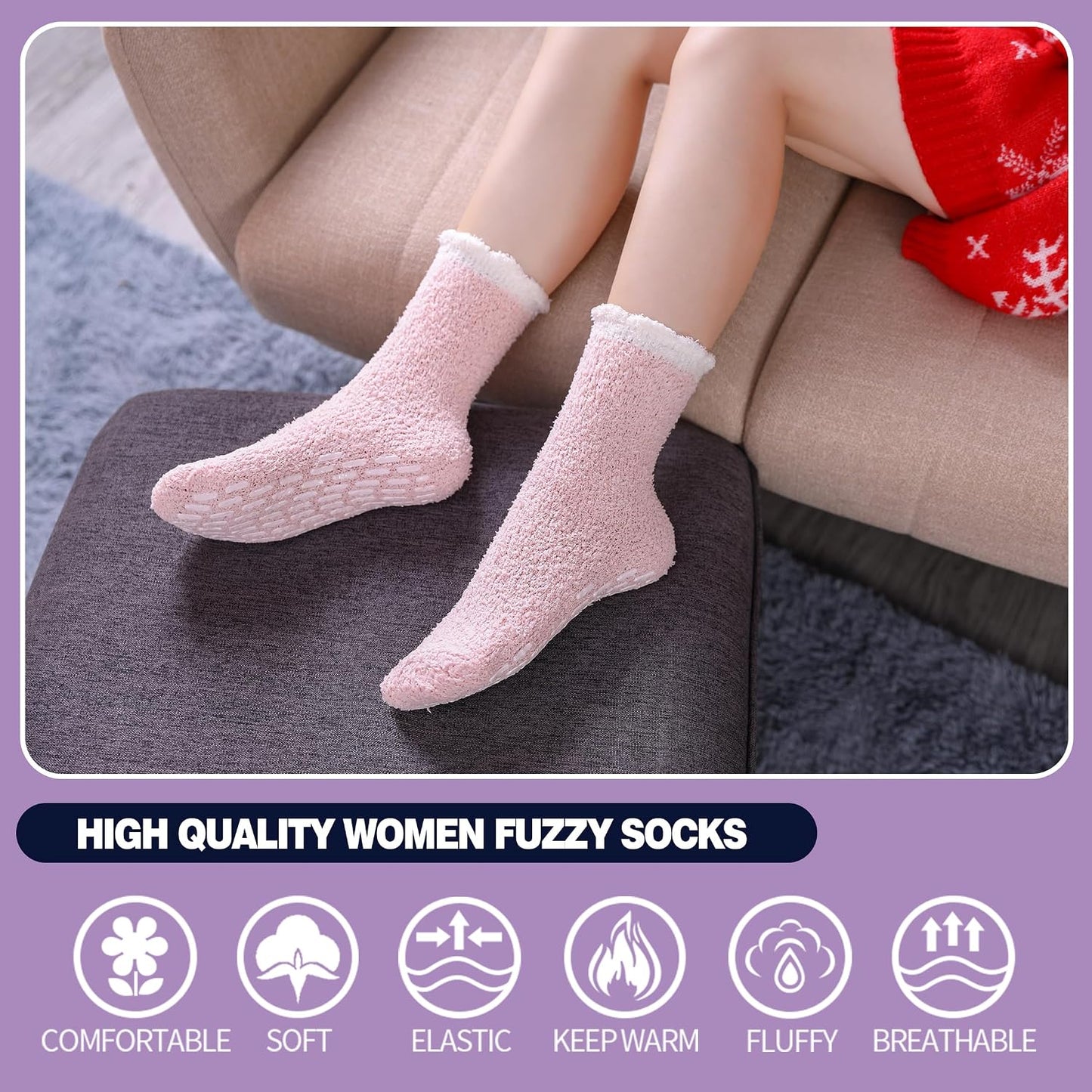 MQELONG Non Slip Hospital Socks with Grips for Women Winter Warm Cozy Fuzzy Slipper Soft Fluffy Sleep Socks