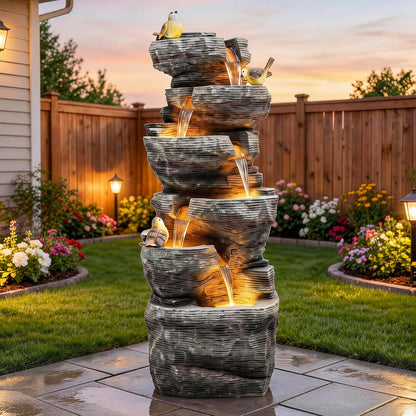 19.5" H 4-Tier Indoor & Outdoor Water Fountain with LED Lights | Resin Pebble Textured Tabletop Cascading Water Feature, Relaxing Decor for Patio, Porch, Deck, Yard & Home