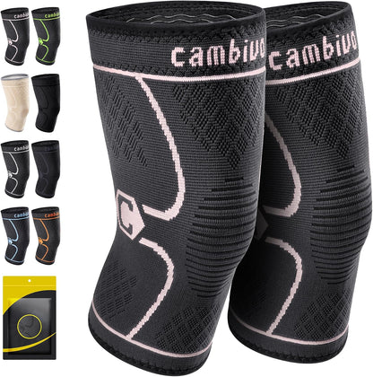CAMBIVO 2 Pack Knee Braces for Women & Men, Knee Compression Sleeves for Knee Pain Relief, Knee Support with Non-Slip Silicone, Breathable, for Running, Workout, Weightlifting & Daily Use, Arthritis Support (Black, Medium)