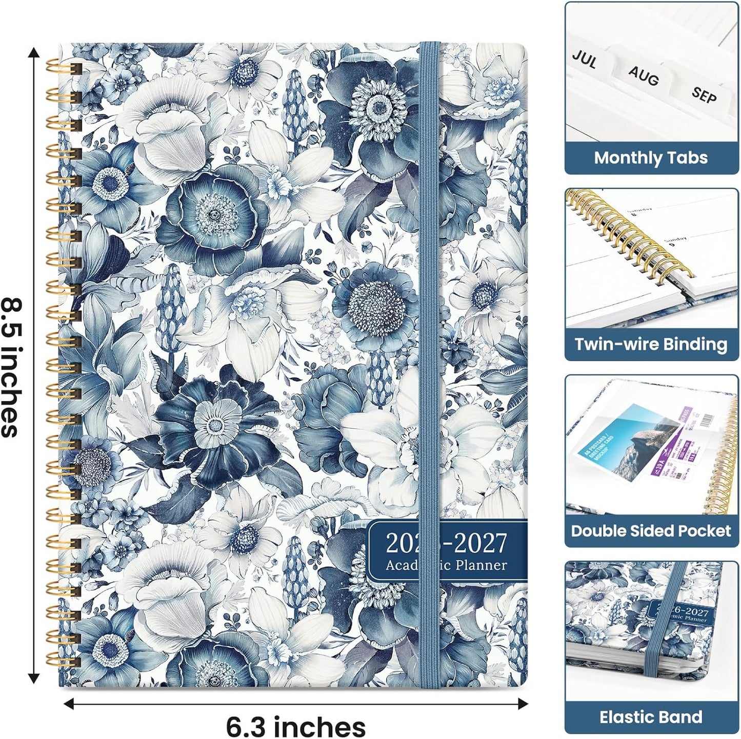Planner 2026-2027, Academic Monthly and Weekly Calendar Planner for Women, July 2026 - June 2027, Hardcover Pretty Agenda Planner Book with Tabs, Spiral Daily Organizer for School Office Home Supplies, 6.3" x 8.5" - Blue Floral