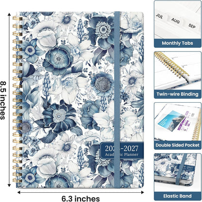 Planner 2026-2027, Academic Monthly and Weekly Calendar Planner for Women, July 2026 - June 2027, Hardcover Pretty Agenda Planner Book with Tabs, Spiral Daily Organizer for School Office Home Supplies, 6.3" x 8.5" - Blue Floral