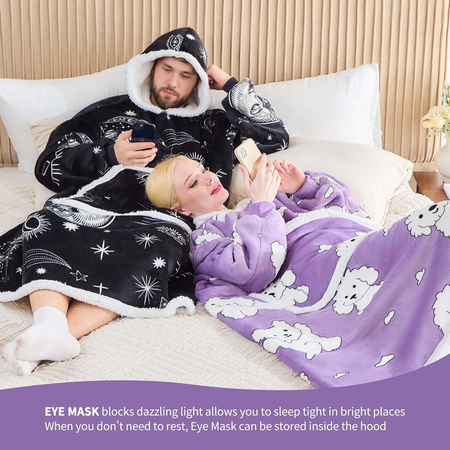 IFNOW Wearable Blanket Hoodie, Oversized Sherpa Fleece Hooded Blanket Sweatshirt with Eye Mask and Pocket, Comfy Long Flannel Blanket for Adults Men,Gifts for Women Mom Girlfriend,MoonFace