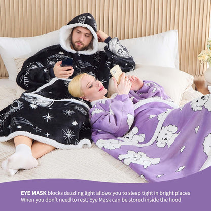 IFNOW Wearable Blanket Hoodie, Oversized Sherpa Fleece Hooded Blanket Sweatshirt with Eye Mask and Pocket, Comfy Long Flannel Blanket for Adults Men,Gifts for Women Mom Girlfriend,MoonFace