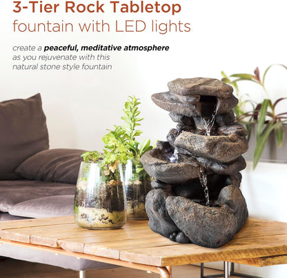 Alpine Corporation 13" Tall Indoor Tabletop Water Fountain, 4 Tier Cascading Water Feature with LED Lights for Home, Office, Living Room, or Zen Decor, Gray