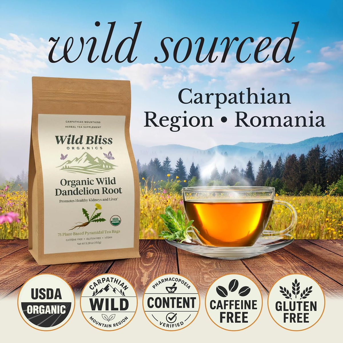 Wild Bliss Organic Wild Raw Dandelion Root Tea - Pharmacopoeia Quality Caffeine Free Herbal Detox Support - 75 Plant Based Tea Bags