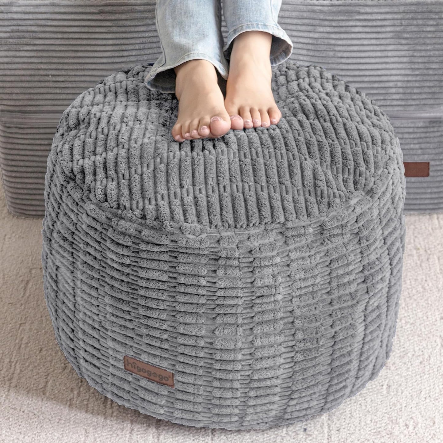 HIGOGOGO Pouf Ottoman Stuffed Round Modern Foam Filled Foot Rest Poufs for Living Room Chair Decorative 20 X 15 Inches Boho Relax Stool for Wedding Christmas Party, Beige