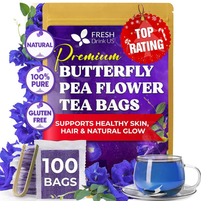 FreshDrinkUS, Premium Butterfly Pea Flowers Tea, 100 Count, Caffeine Free