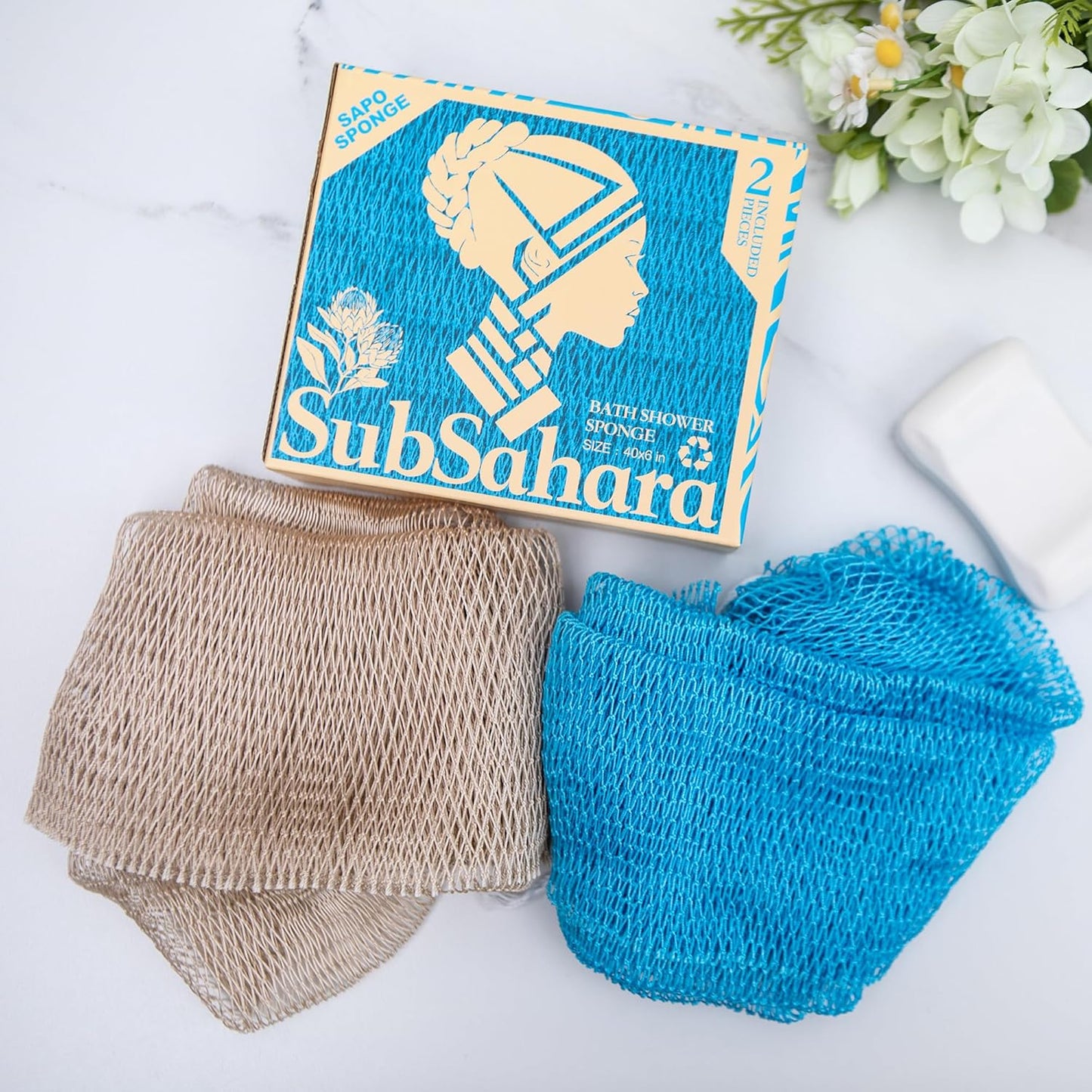 SubSahara Authentic African Net Sponge - 2 Pack Exfoliating Bath & Shower Loofah Sponge for Body & Face, Gentle Scrubber for All Skin Types, Travel, Durable Polyester (Olive Green & Light Green)