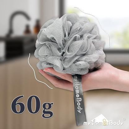 myHomeBody Large 70g Loofah Sponge, Bath Body Scrubber for Women, Men, Exfoliating Shower Pouf with Activated Charcoal - 2 Graphite Gray + 1 Sage Green, 3 Pack