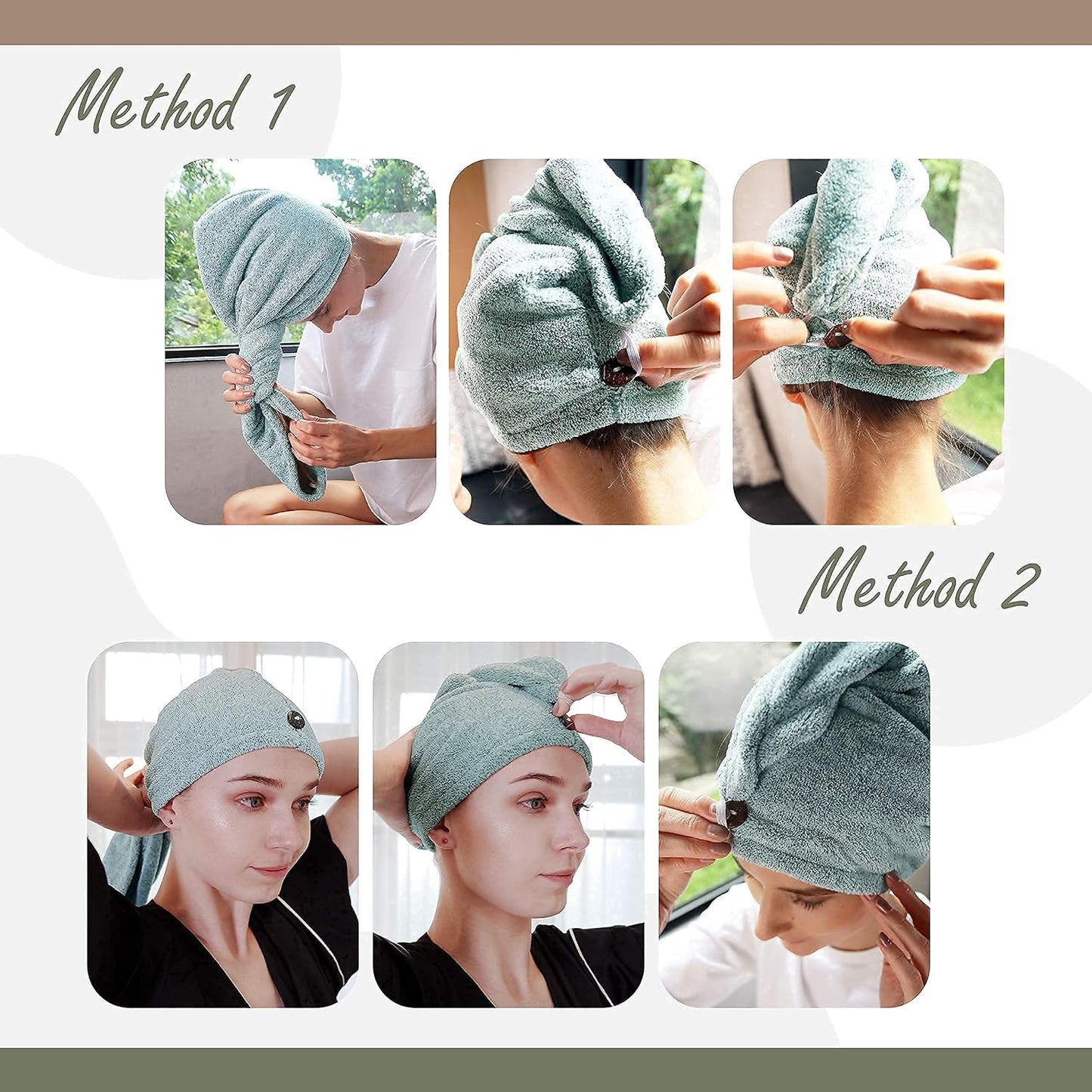 myHomeBody Hair Towel Wrap, Luxury Quick Drying Turban, Ultra Soft Absorbent Charcoal Fiber Cap, with Coconut Shell Button – Gray