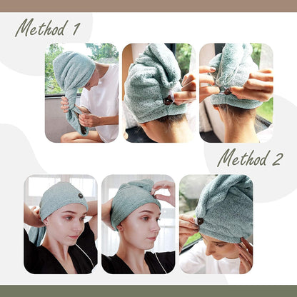myHomeBody Hair Towel Wrap, Luxury Quick Drying Turban, Ultra Soft Absorbent Charcoal Fiber Cap, with Coconut Shell Button – Gray