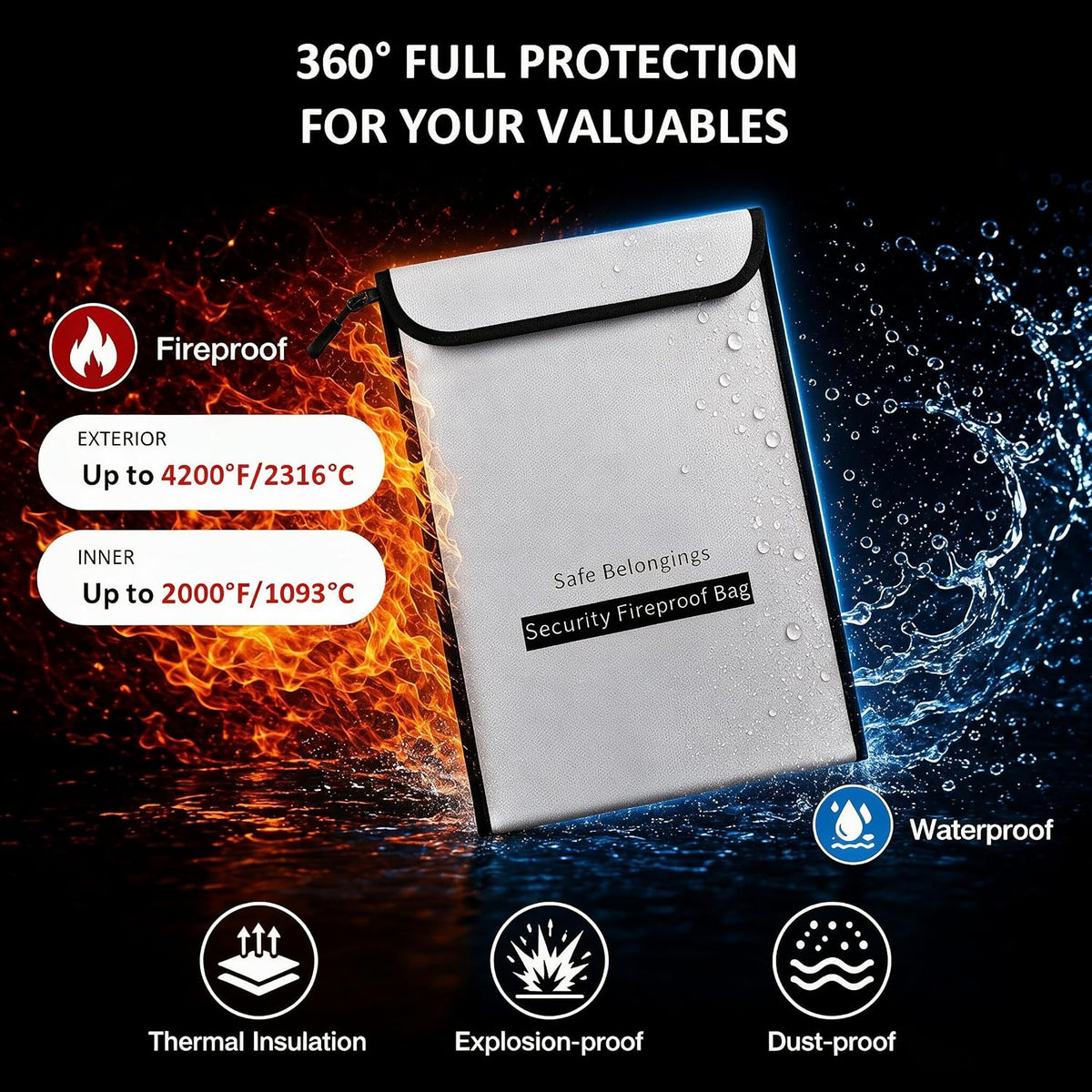 2 Size Fireproof Waterproof Document Money Bag, Important File Safe Holder