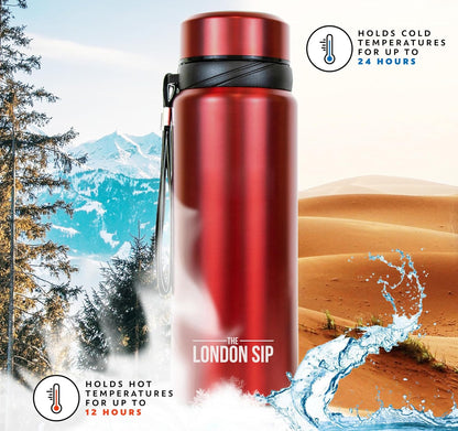 London Sip 25 oz Multi-Function Travel Mug and Tumbler Tea Infuser Water Bottle Fruit Infuser Flask Hot and Cold Double Wall Stainless Steel Coffee Thermos, Zen Black