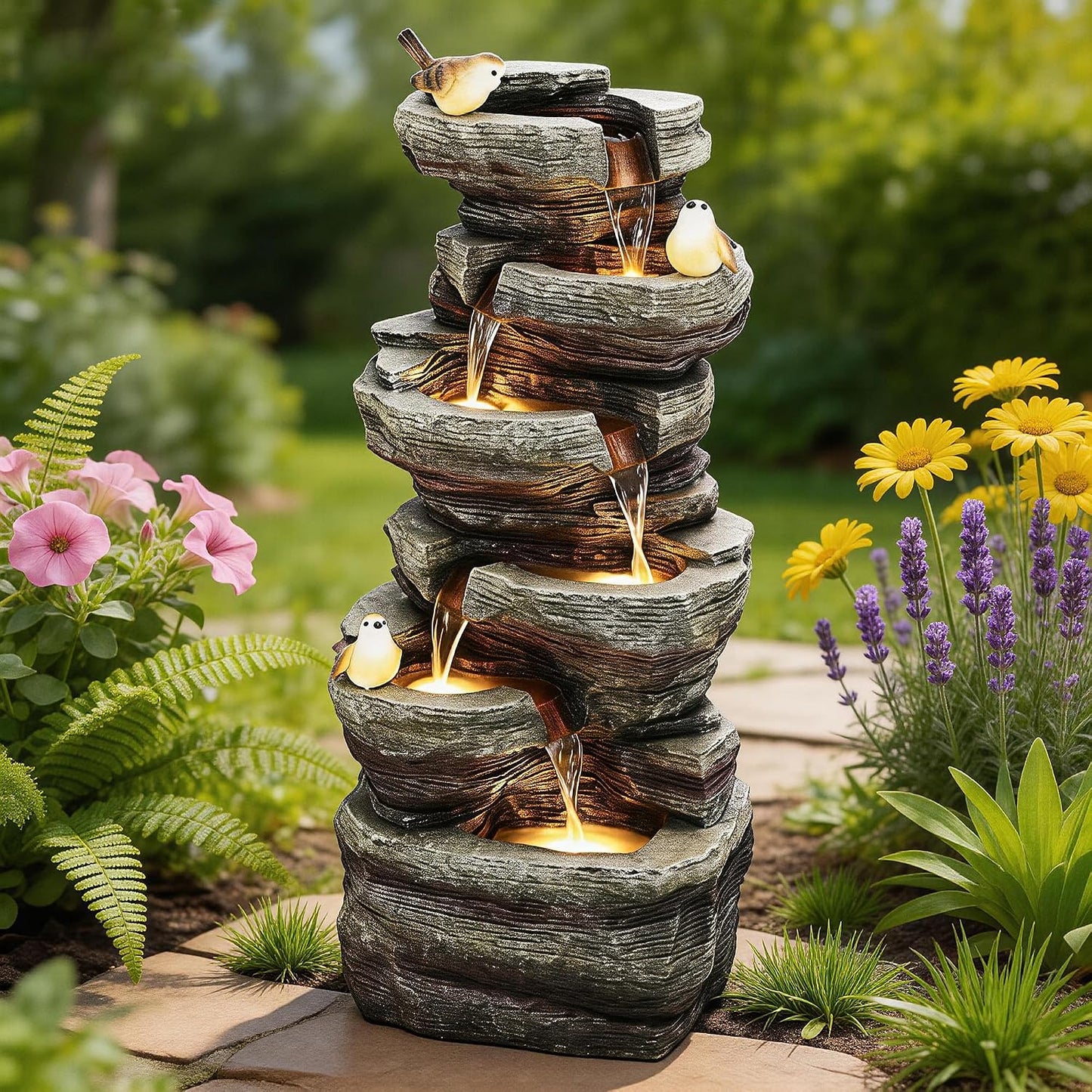19.5" H 4-Tier Indoor & Outdoor Water Fountain with LED Lights | Resin Pebble Textured Tabletop Cascading Water Feature, Relaxing Decor for Patio, Porch, Deck, Yard & Home