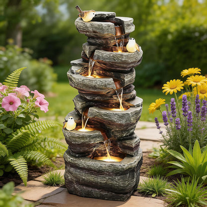 19.5" H 4-Tier Indoor & Outdoor Water Fountain with LED Lights | Resin Pebble Textured Tabletop Cascading Water Feature, Relaxing Decor for Patio, Porch, Deck, Yard & Home
