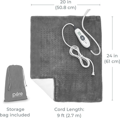 Pure Enrichment PureRelief Ultra-Wide Microplush Heating Pad - 20” x 24” XXL Size & 6 Heat Settings for Temporary Neck, Shoulder & Back Pain Relief - Moist Heat Option & Machine Washable (Gray)