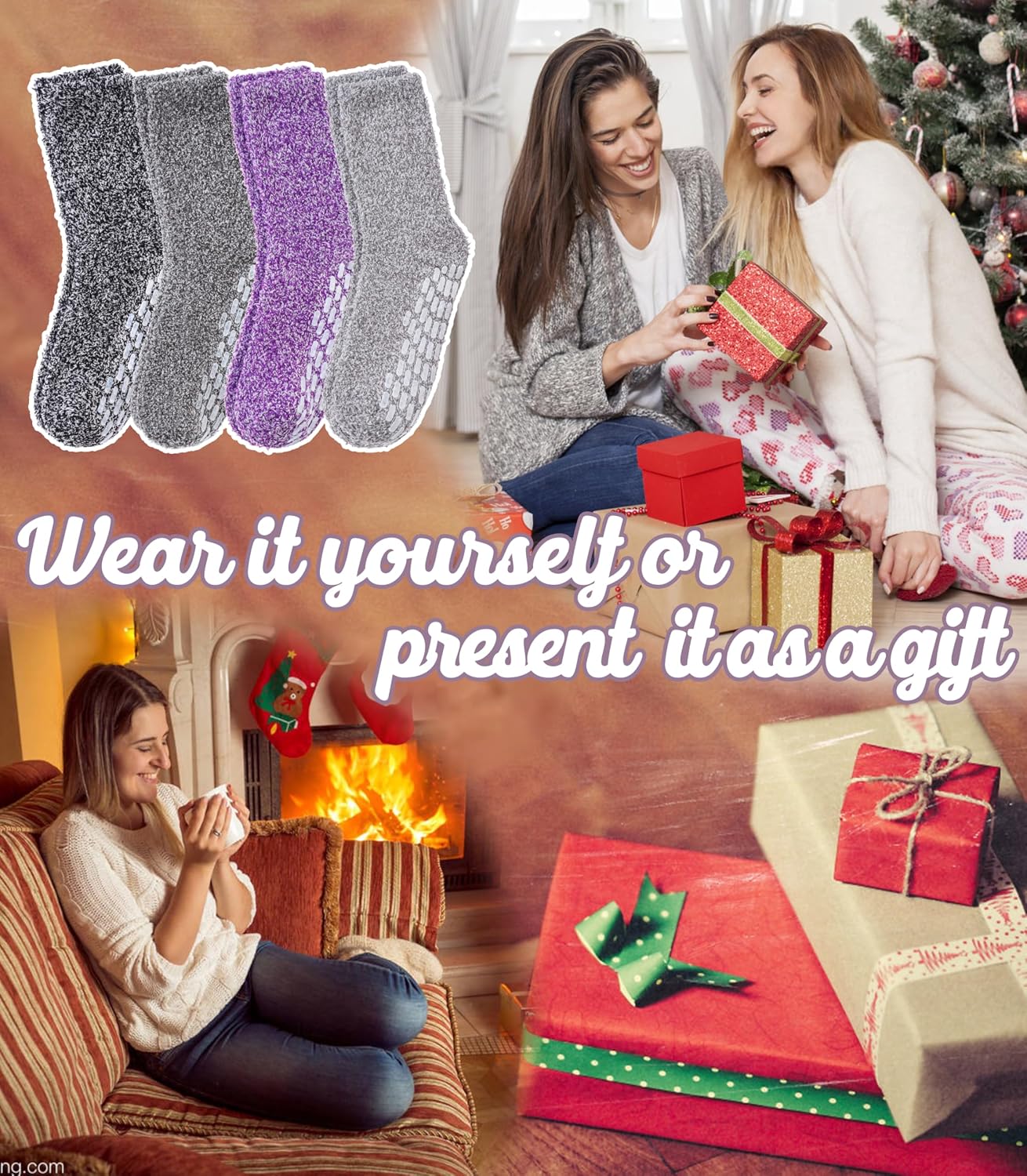 LINEMIN Non-Slip Fuzzy Socks for Women - Cozy Hospital Soft Fluffy Socks With Grips - Winter Warm Slipper