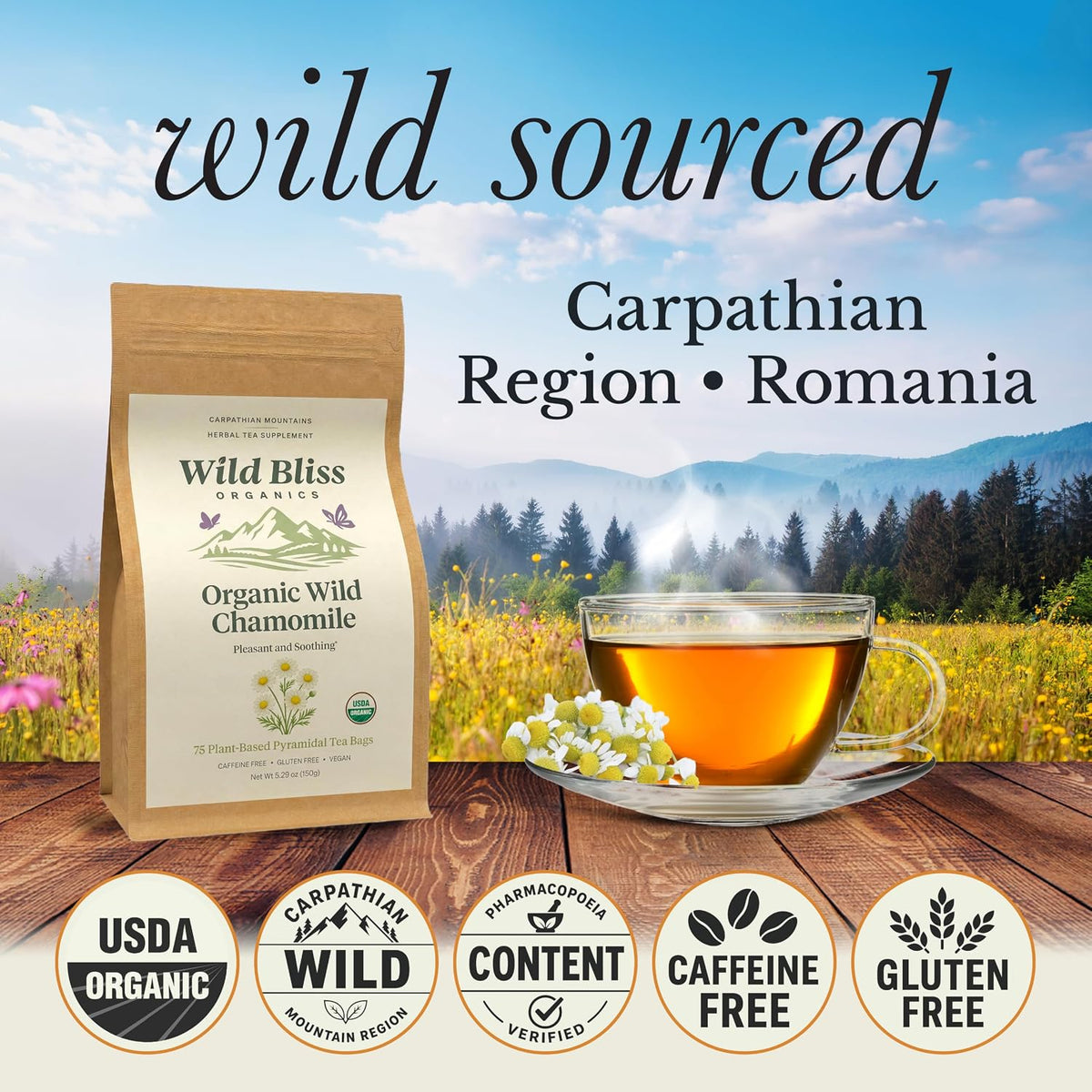 Wild Bliss Organic Chamomile Tea - Caffeine Free Calming Herbal Support - Pharmacopoeia Potency - 75 Plant Based Tea Bags
