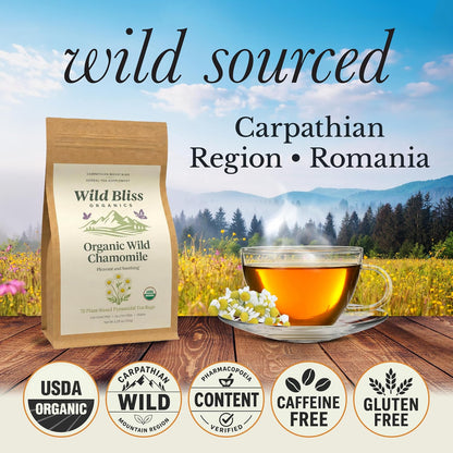 Wild Bliss Organic Chamomile Tea - Caffeine Free Calming Herbal Support - Pharmacopoeia Potency - 75 Plant Based Tea Bags