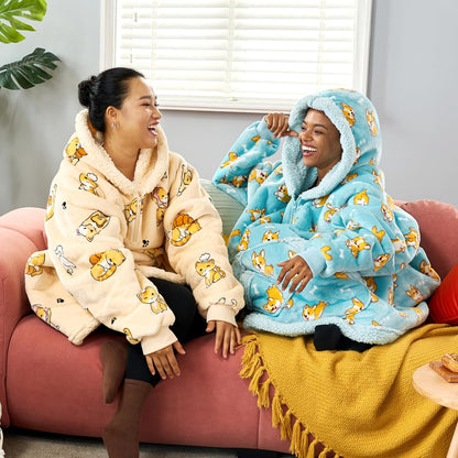 Giggling Getup Wearable Blanket Hoodie for Adults Gifts for Teen Girls Sister Women Sherpa Fleece Printed Hooded Blanket Sweatshirt Warm Cozy with Pocket & Sleeves Beige Cat
