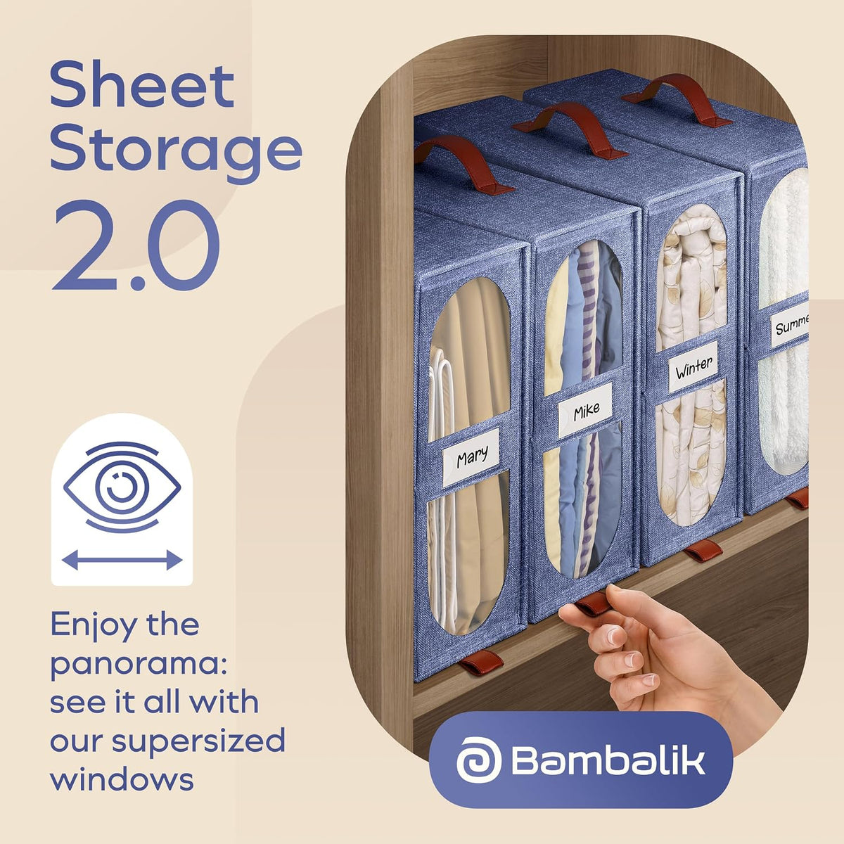 4x Bed Sheet Organizer Storage Boxes with Big See-Through Windows - Bedsheet Organizers Redesigned. Robust Bed Sheet Storage -15x13x5 in. Sheet Organizers Containers (Off-White)