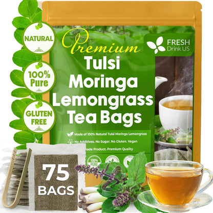 FreshDrinkUS, Premium Tulsi Moringa Lemongrass Tea, 75 Count, No Caffeine
