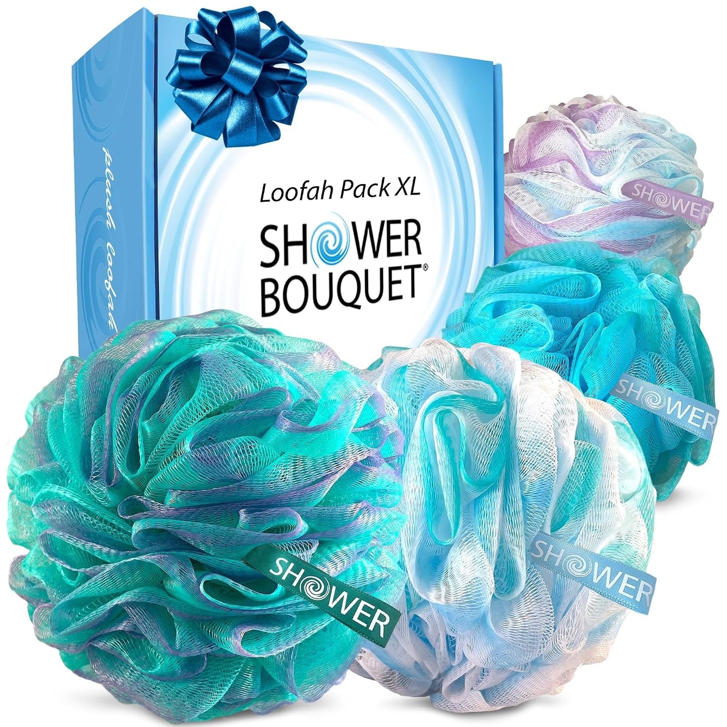 SHOWER BOUQUET Loofah-Charcoal Bath-Sponge XL-Color-4-Pack // Extra Large 75g Soft Mesh Black Luffa Loofa Loufa Puff Set/Exfoliating Body Scrubber for Women and Men - Exfoliate & Soothe Face & Body