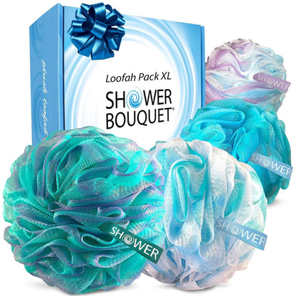 SHOWER BOUQUET Loofah-Charcoal Bath-Sponge XL-Color-4-Pack // Extra Large 75g Soft Mesh Black Luffa Loofa Loufa Puff Set/Exfoliating Body Scrubber for Women and Men - Exfoliate & Soothe Face & Body