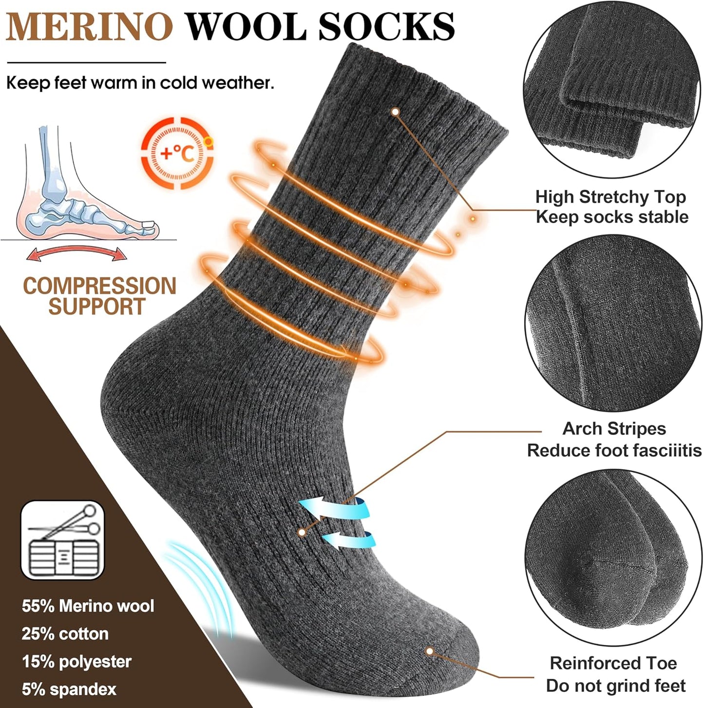 MOGGEI 5 Pairs Womens Merino Wool Socks Hiking Warm Winter Thick Thermal Crew Cozy Cabin Ladies Gift Comfy Boot Work Socks