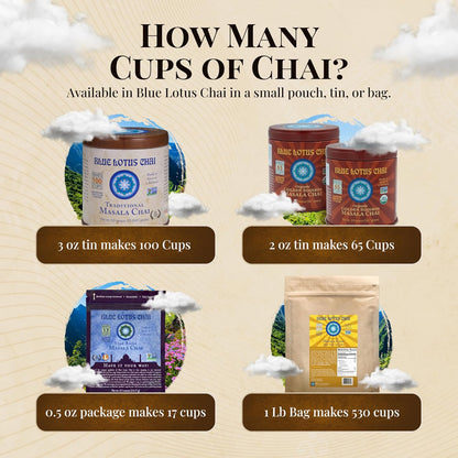 Blue Lotus Chai - Golden Masala Flavor Chai - Makes 100 Cups - 3 Ounce Masala Spiced Chai Powder with Organic Spices - Instant Indian Tea No Steeping - No Gluten