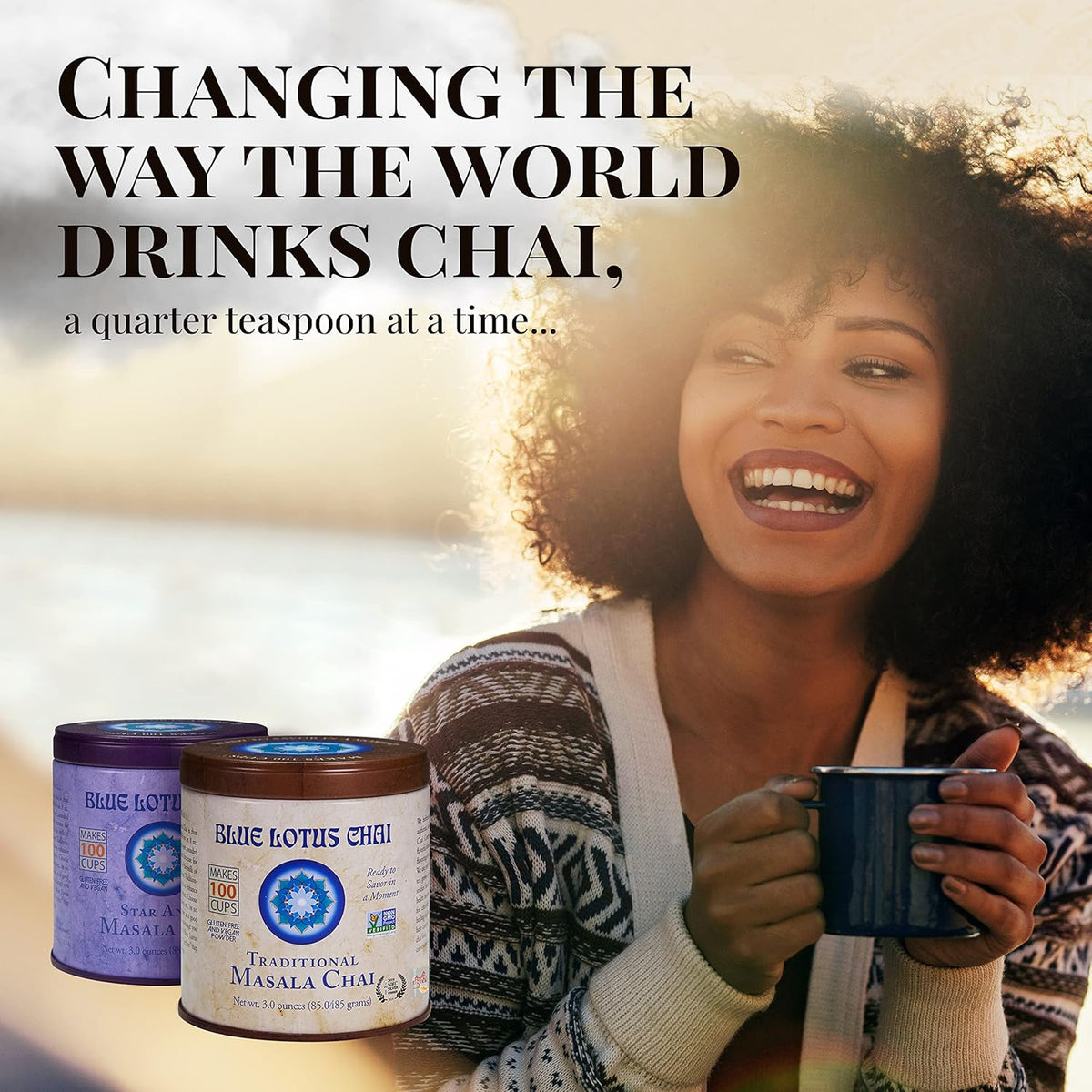 Blue Lotus Chai - Golden Masala Flavor Chai - Makes 100 Cups - 3 Ounce Masala Spiced Chai Powder with Organic Spices - Instant Indian Tea No Steeping - No Gluten