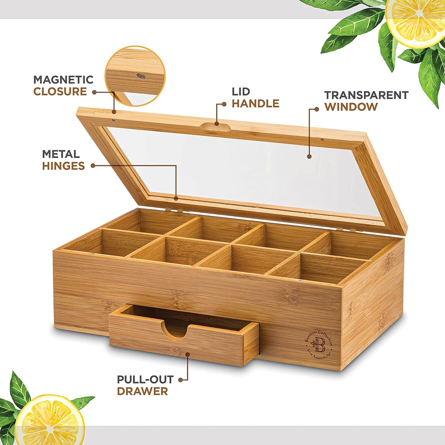 Tea Bag Organizer with Drawer - Bamboo Tea Box Organizer, 8-Compartment Tea Storage Box with Acrylic Lid and Magnetic Closure, Tea Box for Kitchen Counter, Gifts for Mom, Wife, Tea Lovers (White)