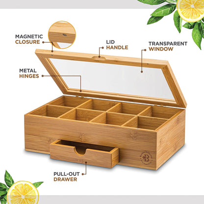 Tea Bag Organizer with Drawer - Bamboo Tea Box Organizer, 8-Compartment Tea Storage Box with Acrylic Lid and Magnetic Closure, Tea Box for Kitchen Counter, Gifts for Mom, Wife, Tea Lovers (White)