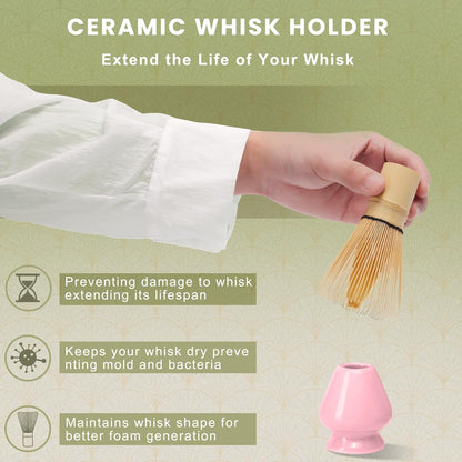 Matcha Whisk Set, Ceramic Matcha Set Includes Matcha Bowl, Matcha Whisk (Chasen) and Holder, Sifter, Bamboo Scoop & Spoon - 6 Pcs Matcha Kit for Matcha Lovers White