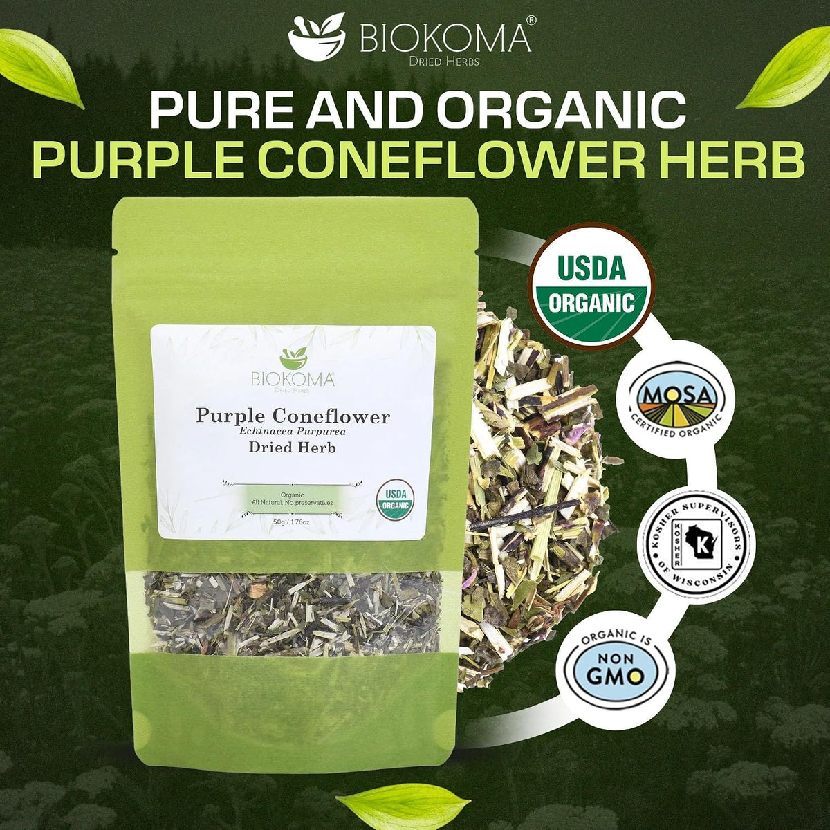 Biokoma Organic Purple Coneflower 1.76oz Echinacea Herb Tea Immune Support